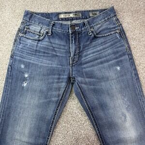 BKE Jeans Mens 31R 31x31 Blue Carter Bootcut Whiskering Faded Denim Distressed